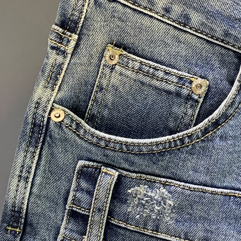 High end retro 2025 new patchwork motorcycle jeans men's fashion Korean version slim fit small straight leg pants