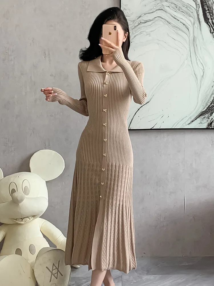 

2025 Spring New Chic Fashion Knitted Long Dresses For Women Long Sleeve Slim Waist Pleated Sweater Dress French Vintage Vestios