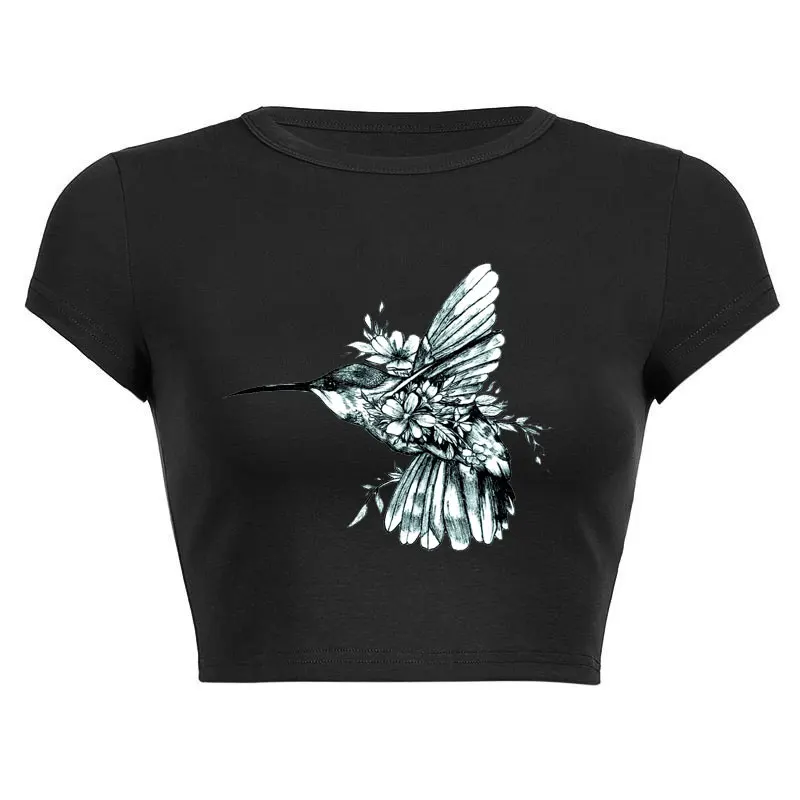 Kingfisher Print Summer outfit Pattern Short Sleeve O Neck Sexy Cropped Navel Women Crop Tops Fashion T-Shirt