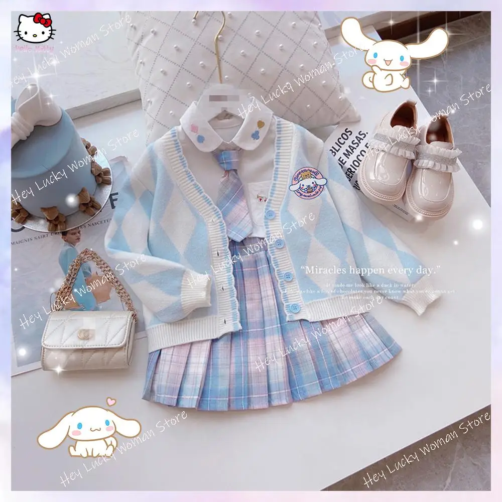 3Pcs Cinnamoroll Girls' Clothing Cardigan Jk Plaid Skirt Sanrios Cartoon Shirt Blue Sweater Y2K Spring Autumn Teen College Set