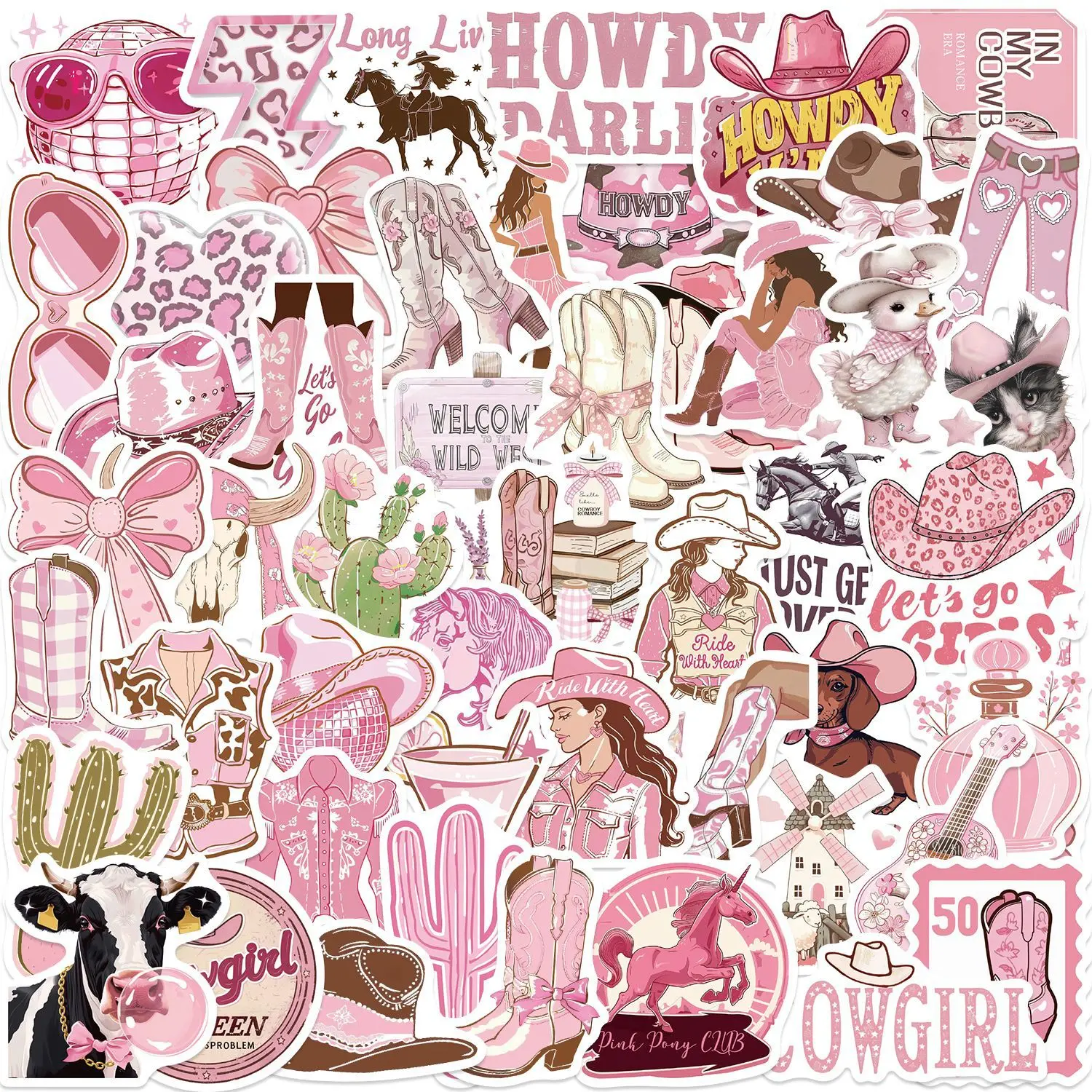 

50Pcs Pink Cowgirl Stickers Waterproof Decals Western Aesthetic for Phone Case Laptop Water Bottle Cute Stickers for Girls DIY
