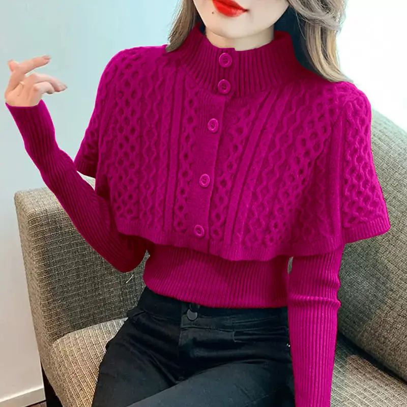 Temperament Sweet Women\'s Clothing Office Lady Simplicity Elegant Vintage Fashion Slim Solid Color Buttons Patchwork Sweaters