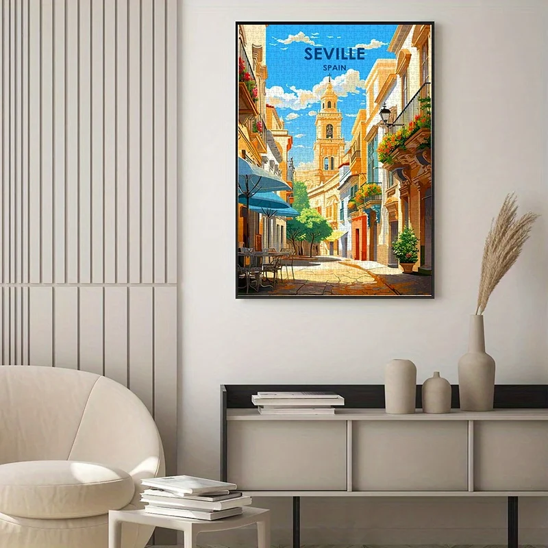 Rompecabezas Vintage de escena de la calle de Sevilla, estilo cartel de viaje de Riviera española, cartón de alta calidad, colorido y A, 1000 Uds.