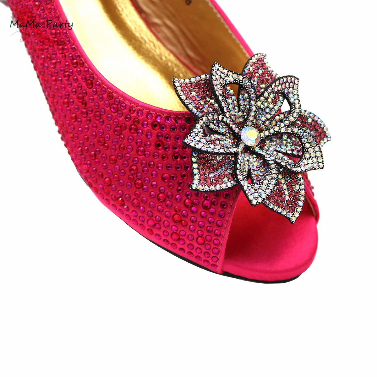 Low Heels Comfortable High Quality Italian Shoes and Bag Set in Fuchsia Color with Crystal for Wedding Party