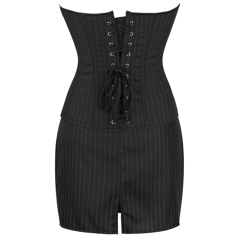 3 Pcs Set Front Zipper Sexy Pinstripe Corset Basque Top With Mini Skirt Secretary Fancy Dress Costume For Party 801#