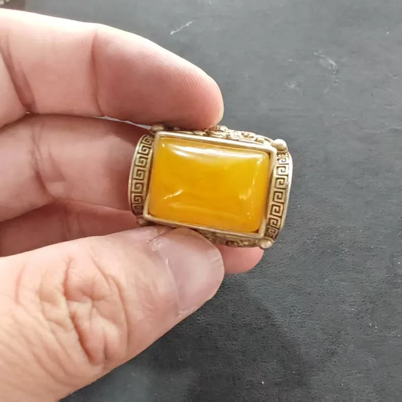 Vintage Tibetan Style Square Yellow Stone Ring Unisex Retro  Metal Finger Ring Ethnic Tribal Ornament Men Statement Jewelry Gift