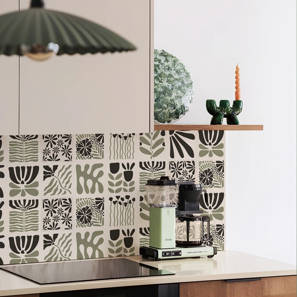 Abstract art Sage flowers Backsplash Wall Tile Stickers,  Waterproof Peel and Stick, Matisse inspired Tile decals for Kitchen