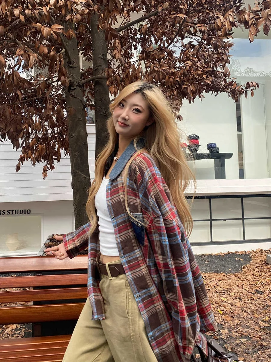 

Women Patchwork Plaid Shirts and Blouses Y2k Vintage Korean Harajuku Fashion 90s Elegant Long Sleeve Polo-Neck Shirt Top Clothes