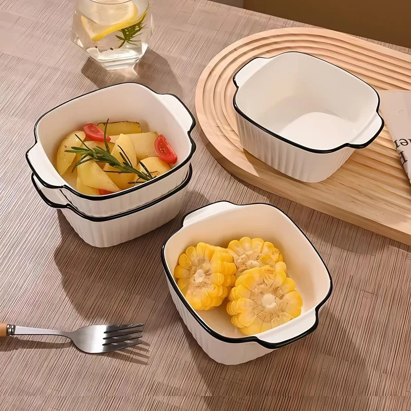 4Pcs Air Fryer‑Fit Ceramic Casserole Bowl, Square Double‑Handled White Bowl with Black Rim, Underglaze‑Color Oven&Microwave‑Safe