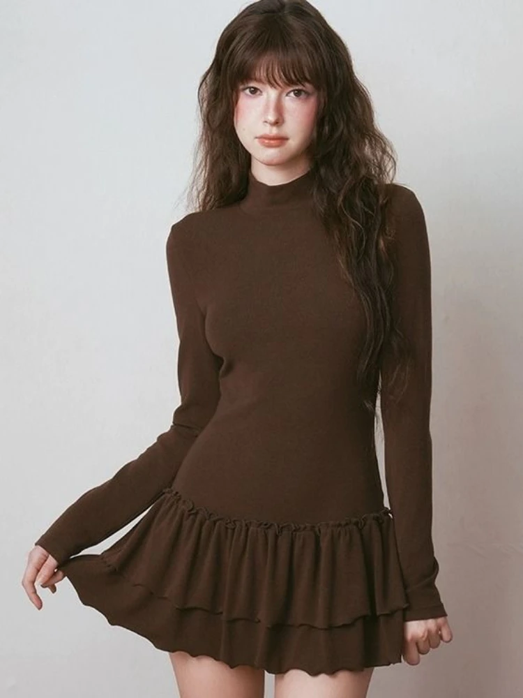 Estilo japonês Harajuku Y2K menina picante gola alta slim fit vestido de manga comprida outono e inverno nova tendência vestido em camadas emo