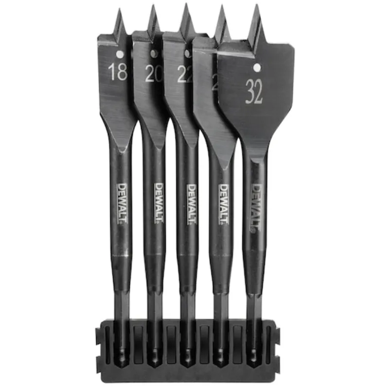 DEWALT DT70832-QZ 5-Piece Flat Wood Drill Bit Set 18/20/22/25/32mm, with Bit Bar, Impact Ready Hex Shank for Fast Wood Boring
