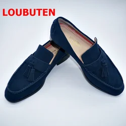 LOUBUTEN Dark Blue Suede Genuine Leather Tassel Loafers Shoes For Men Moccasins Slip On Men's Flats Boat Shoes Casual Shoes