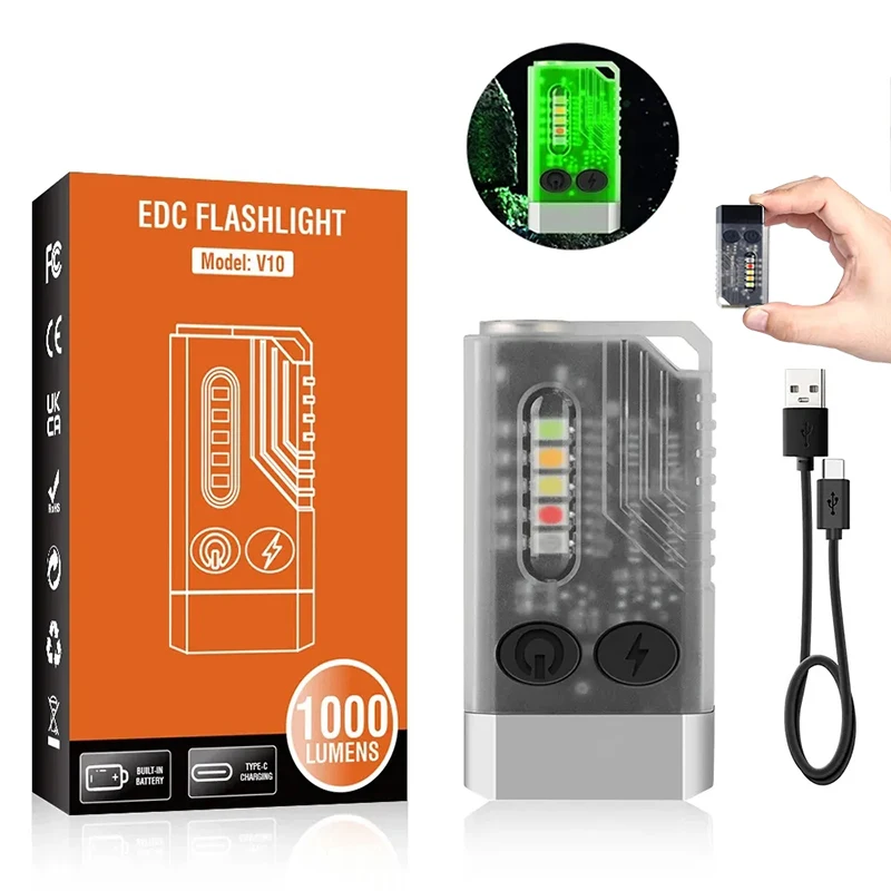 Mini V10 EDC Flashlight 1000LM Super Bright Portable Keychain Light With Magnet USB Rechargeable  UV Beep Camping Lantern