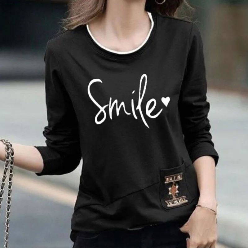 Fashion Printed Spliced Pockets Letter Casual Tee Shirt Female Clothing 2023 Autumn Winter Korean Pullovers All-match T-Shirts