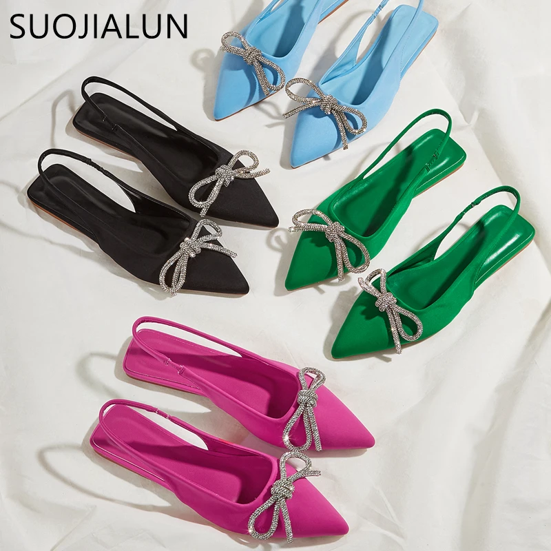 

SUOJIALUN 2022 Summer New Fashion Crystal Bow-knot Women Sandal Flat Heel Pointed Toe Shallow Slip On Mules Dress Sandals Slides