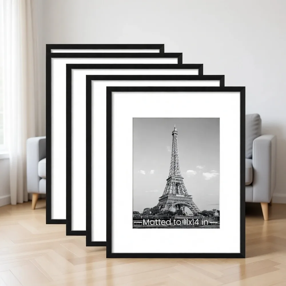 

Набор из 5 черных рамок для картин 16x20 с паспарту для фотографий 11x14 или без паспарту для 16x20, для настенной галереи