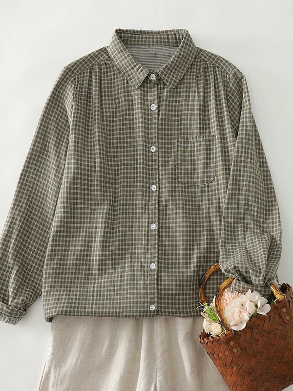 

Свободный крой из хлопка в клетку, двухслойный повседневный универсальный топ для женщин больших размеров, осенний сезон, длинный све irt на пуговицах