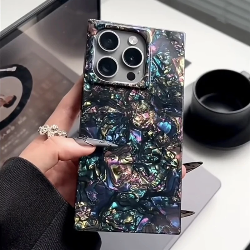 

Luxury Rainbow Color Pearl Shell Pattern Rectangle Case For iPhone 16 Pro Max 15 14 13 Fashion Unique Soft TPU Back Cover