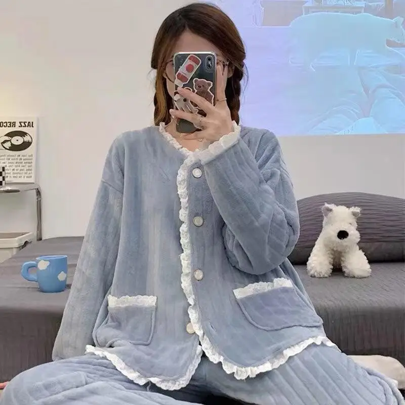 

Hot Coral Fleece Leisure Wear Winter Cardigan Sweet Cute Thicken Homewear Suit Two-Piece Set Dopamine New Style Wholesale Hot