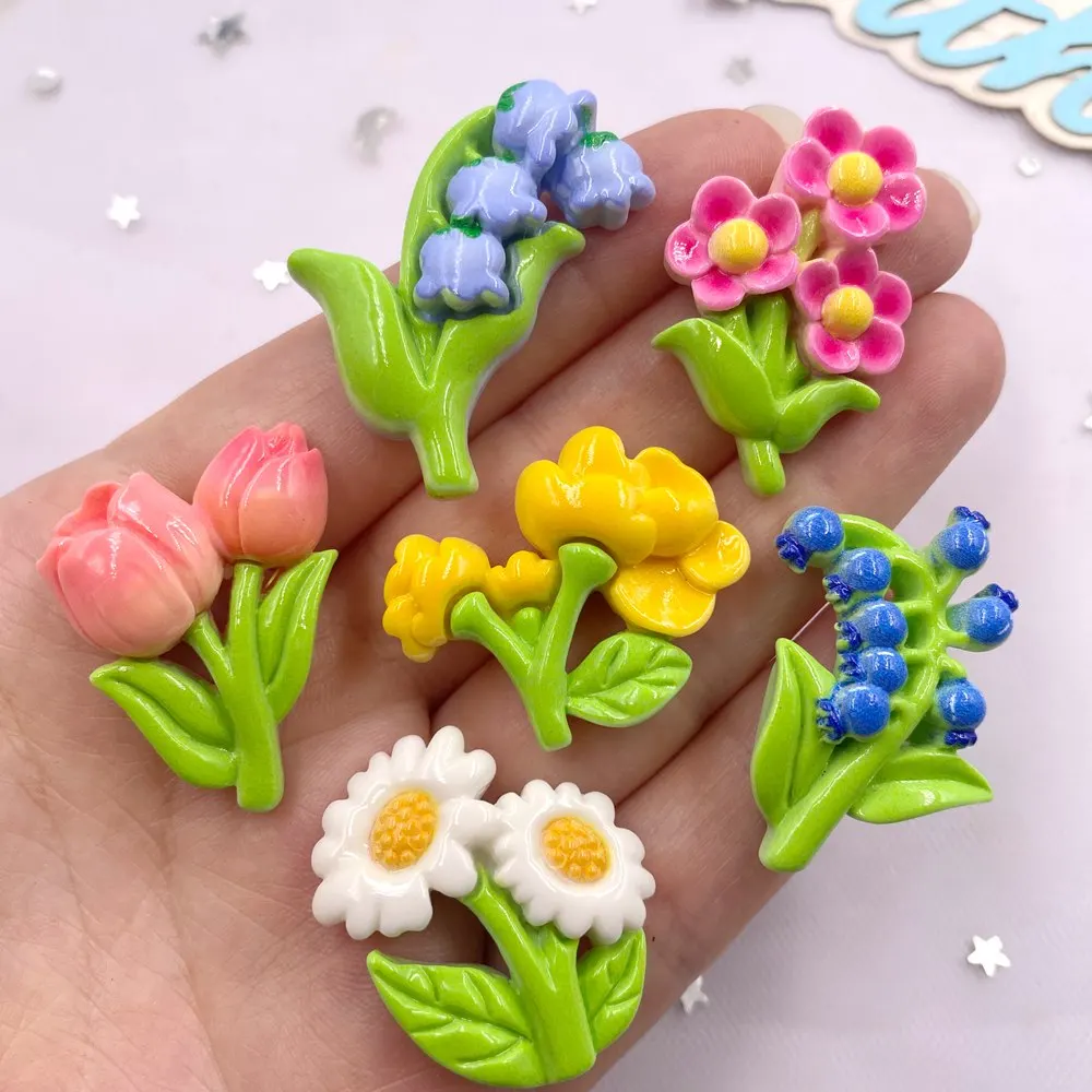 6PCS Resin Cute Colorful Painted Sunflower Tulip Flat Back Flower Stone Figurines Scrapbook DIY Jewelry Decor Accessories Crafts