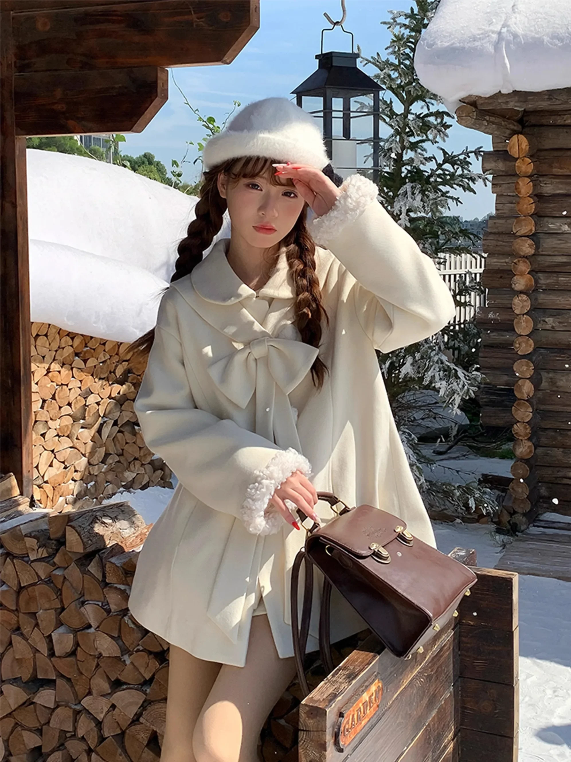 2024 Autumn and Winter New Bow Lolita Woolen Coat Jackets for Women Girls Sweet Elegant Fashion Loose Mid-length A-Line Overcoat