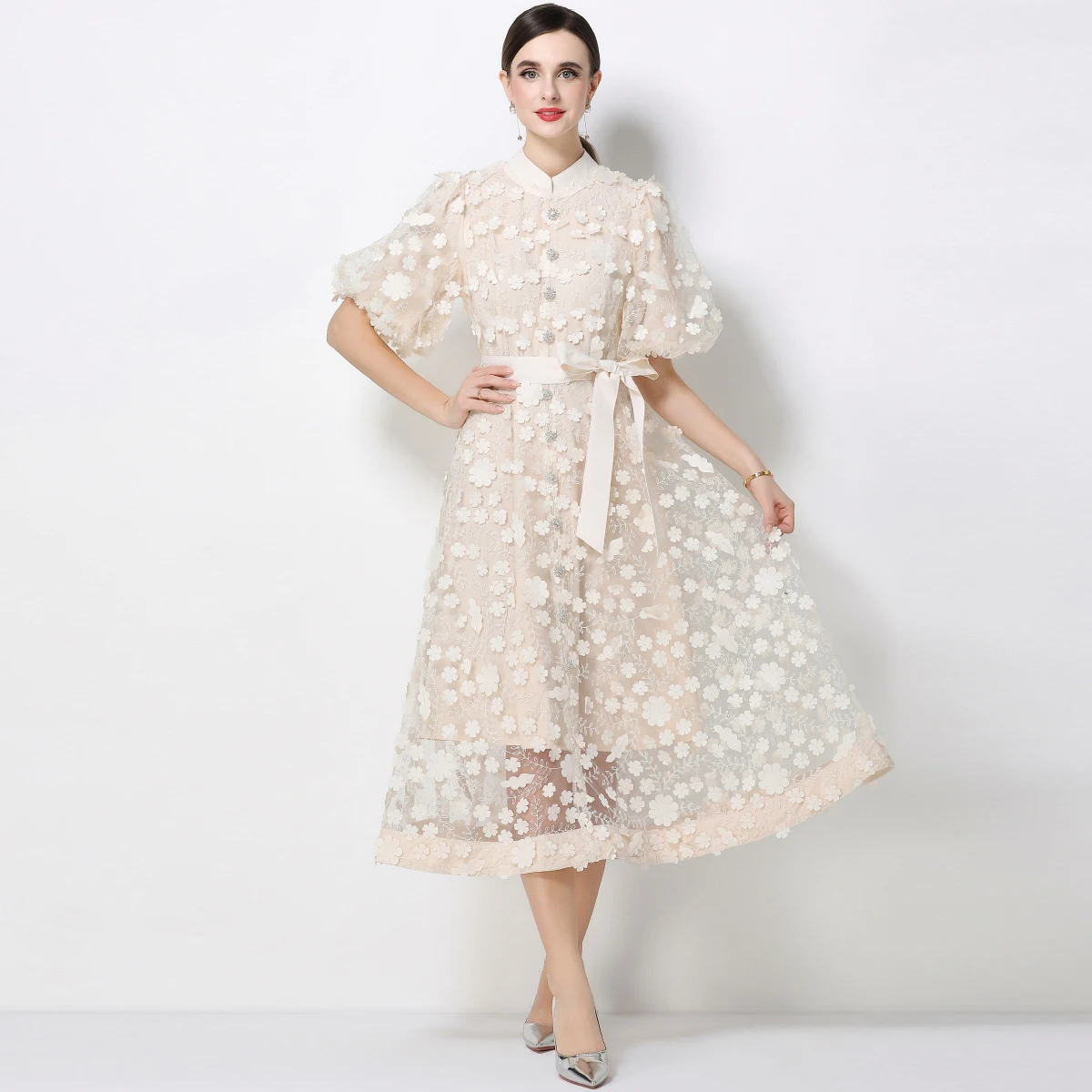 

Luxury 3D Flower Embroidery Tulle Prom Evening Dresses Women Summer Female Bubble Sleeve Button Up Belt Elegant Party Dress