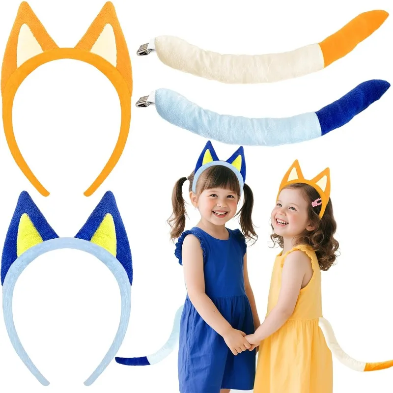 

4Pcs Dog Ears and Tails Set,Plush Blue Dog Headband Tail Costume Accessory Family Halloween Party Supplies,Animal Themed Cosplay