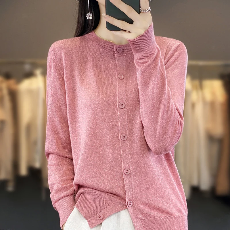 

Spring and autumn thin women's crewneck knit solid color bright silk cardigan jacket loose bottom cardigan sweater