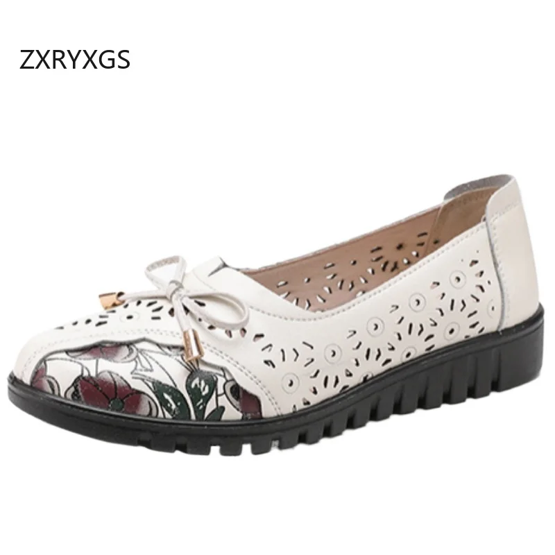 ZXRYXGS 2026 Spring Summer Genuine Leather Printed Hole Hole Shoes Breathable Sandals Comfort Soft Sole Non-slip Women's Flats