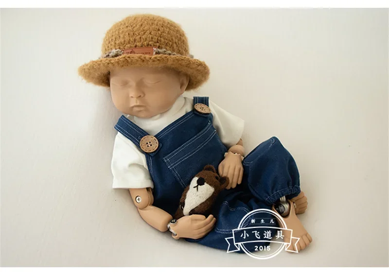 Neonati maschi Puntelli per fotografia Cowboy Denim Reggicalze Senza maniche Pagliaccetto Cappello Vestiti Costumi Studio di ripresa Puntelli per foto