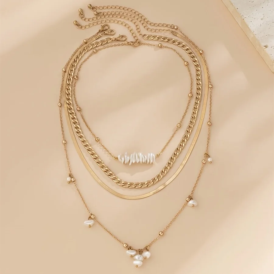 4Pcs/Set Vintage Irregular Imitation-Pearl Pendant Choker Necklace Women Wedding Bridal Goth Flat Snake Chain Neck Jewelry New