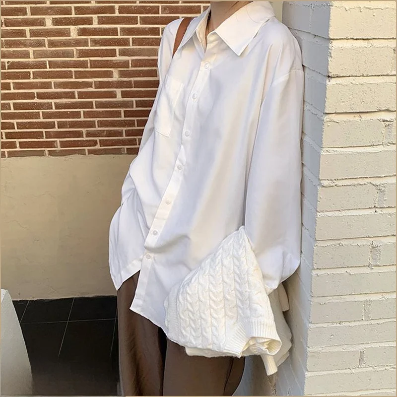 plus Size White Shirt Women's Korean Style Mid-Length Long Sleeve Inner Wear Casual Commute Style Loose Fit Button Detail