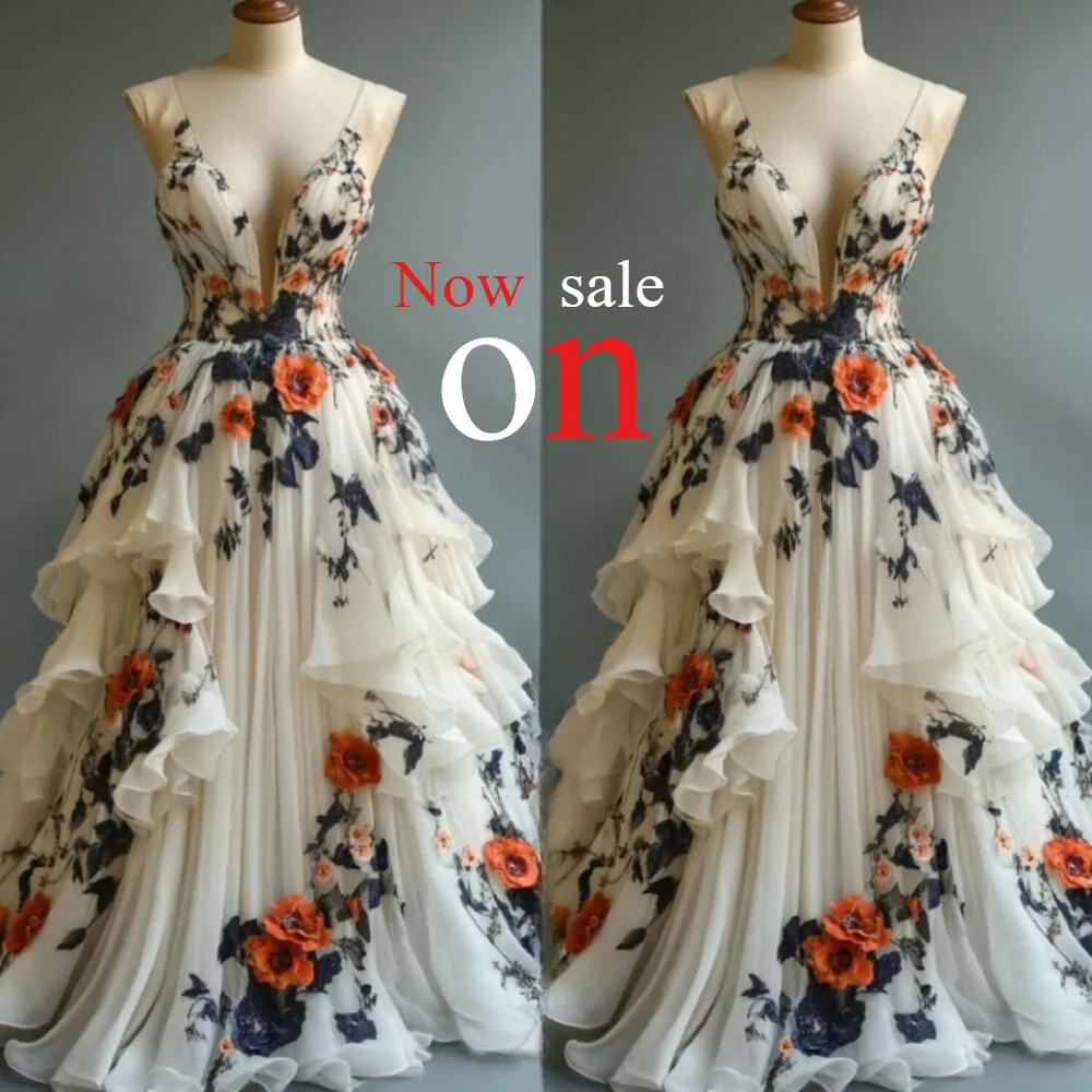 Vinatge Champagne Wedding Dresses V Neck 3D Florals Tiered A Line Bridal Gowns-