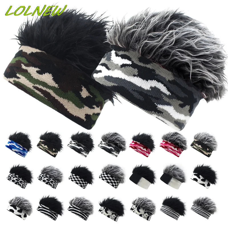 Women Funny Fake Hair Camouflage Knitted Landlord Sailor Cap Short Wig Brimless Beanie Hat for Men Stretchy Party Cosplay Props