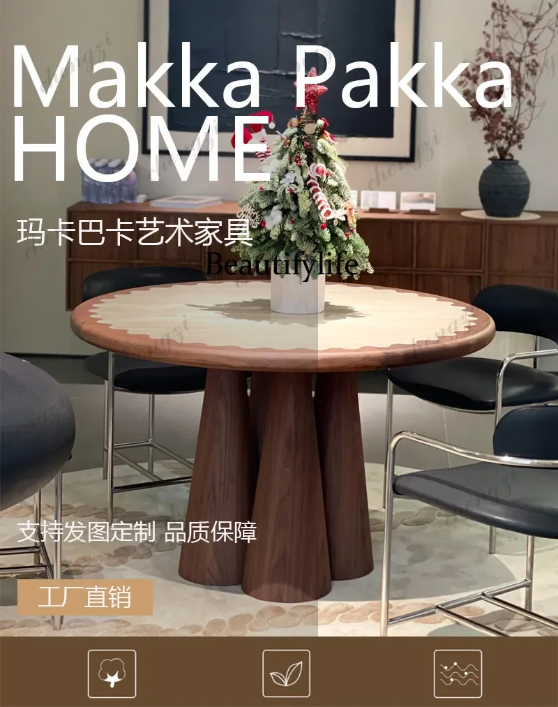 A17 Medieval wabi sand travertine round solid wood dining table, creative French retro style walnut color round table
