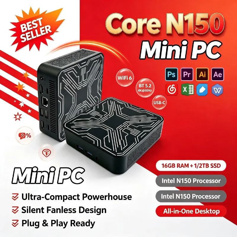 インテルn150ポータブルミニデスクトップ-16gb-ddr4-1tb-nvme-ssd-トリプル4k-wifi6-静音冷却-ホームオフィスプロユニット
