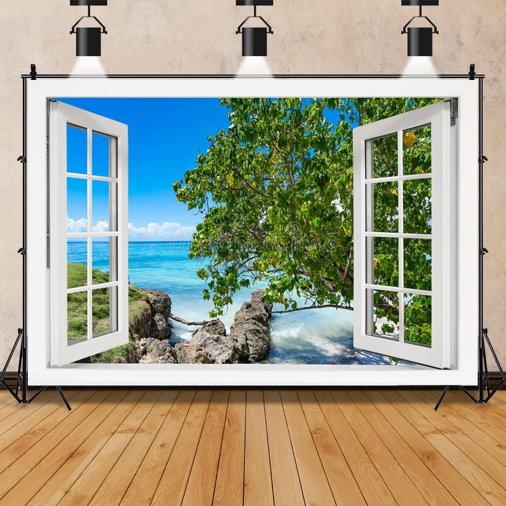 SHENGYONGBAO Art Cloth Scenery Outside The Window Photography Backgrounds Props Seaside Tree Landscape Photo Backdrops    CH-03