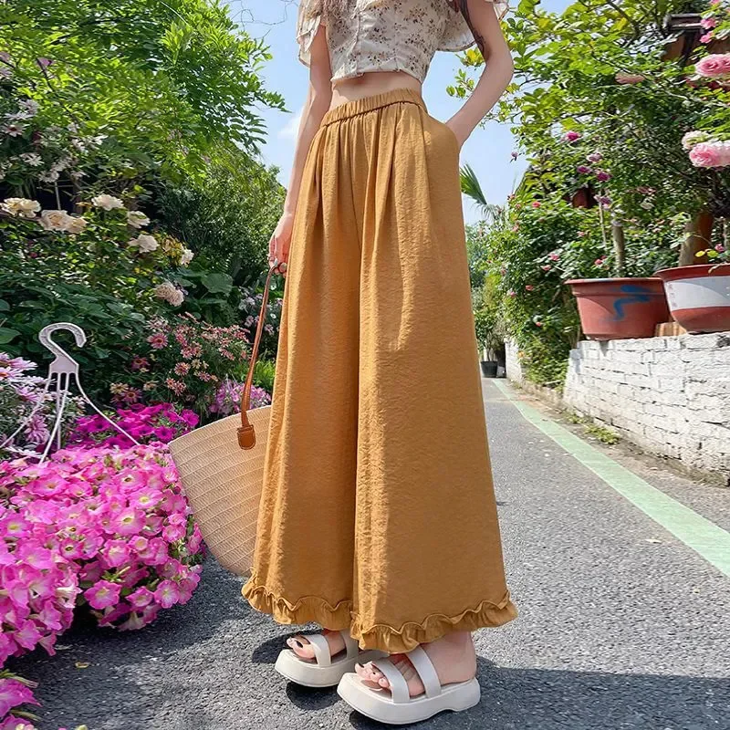 Women's Ruffle Trim 2026 Wide Leg Pants Summer New High Waist Slim Loose Casual Breathable Nine Length Pants