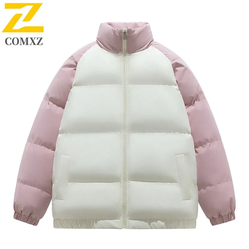 COMXZ Men Padding Coat Stand Collar Cold Proof Winter Jacket Color Block Windproof Zipper Pocket Casual Thickened Outerwear