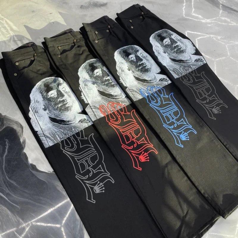 

Ins New Net Red Design Personality Printing Wide Leg Pants Men Women Black Straight Jeans Winter Loose High Street Casual Jeans