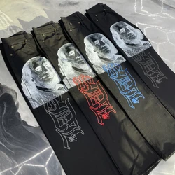 Ins New Net Red Design Personality Printing Wide Leg Pants Men Women Black Straight Jeans Winter Loose High Street Casual Jeans