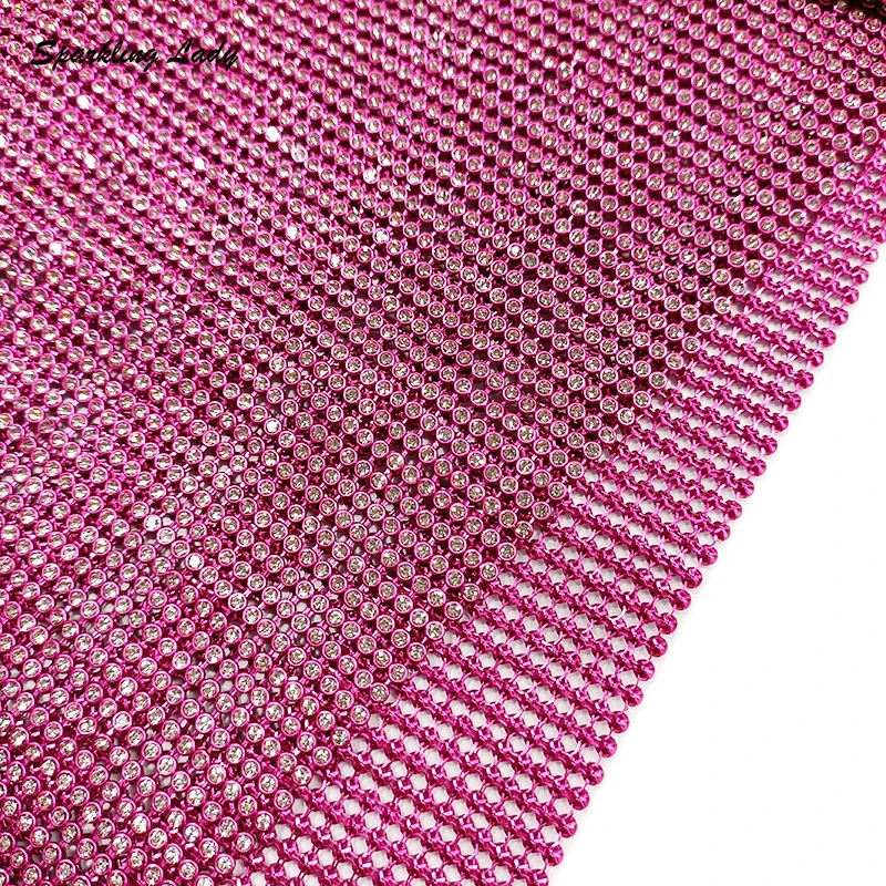 Embroidered Diamond Mesh Fabric Sparkle Hot Pink Metal Net Crystal Rhinestone Chain Link Fabrics For Garment Bags Designer DIY