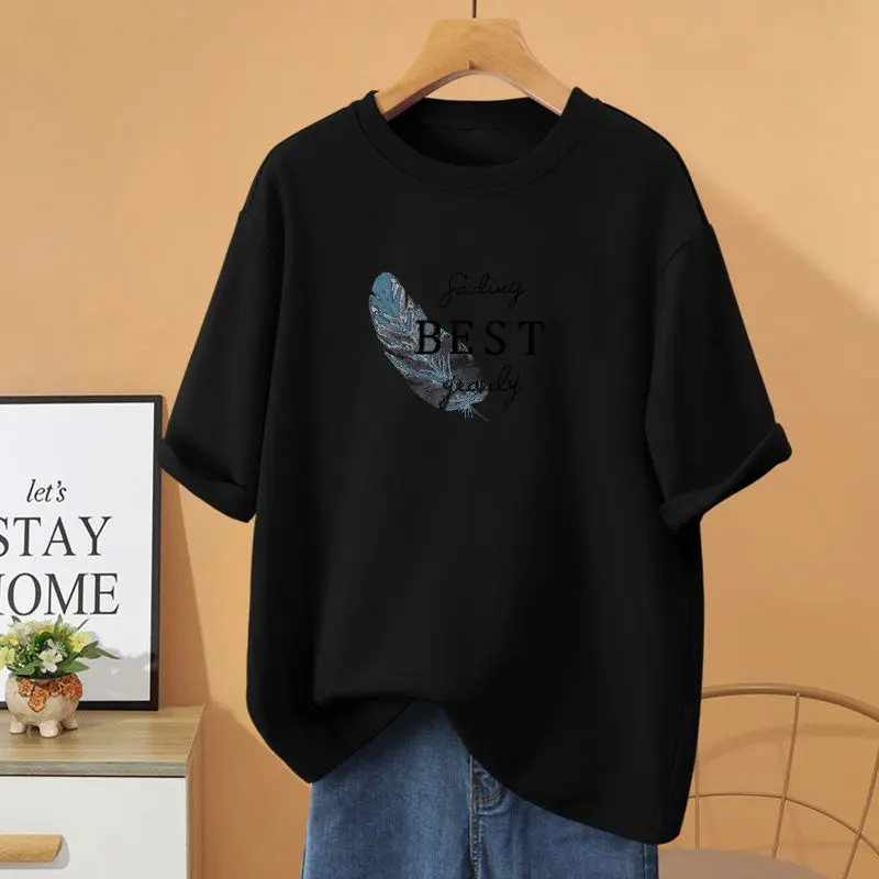Women Clothing Cartoon Printed Short Sleeve Top Tee, Vintage O-neck Loose Casual T-shirt, Summer 100% Cotton Basic Pullovers