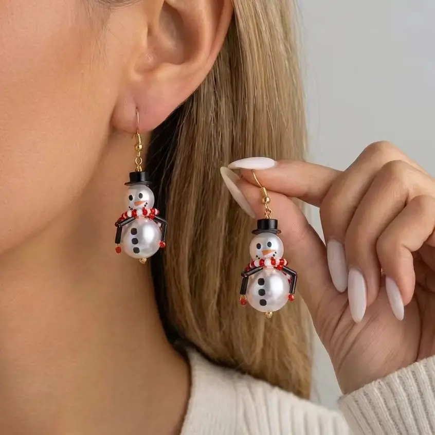 Neues Design Schal-Ohrringe mit Weihnachts-Schneemann für Damen Imitationsperlen Schneemann-Ohrringe Partyschmuck – Detail 2