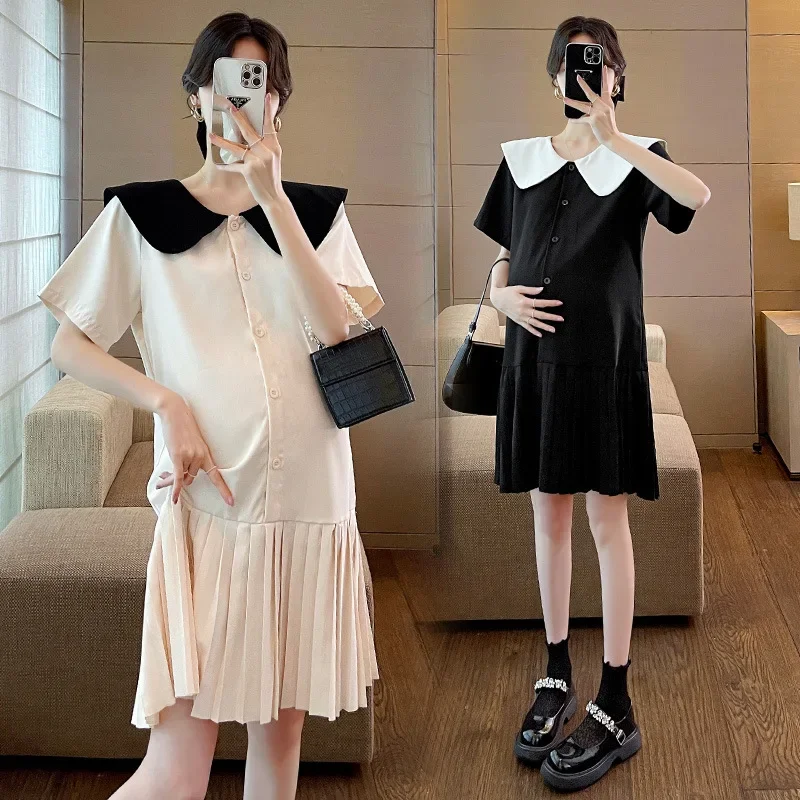 Korean Style Maternity Dresses Summer Black Sweet Pregnancy Clothes Doll Collar Pleated Skirt 2022 New Elegant WOMEN Plus Size