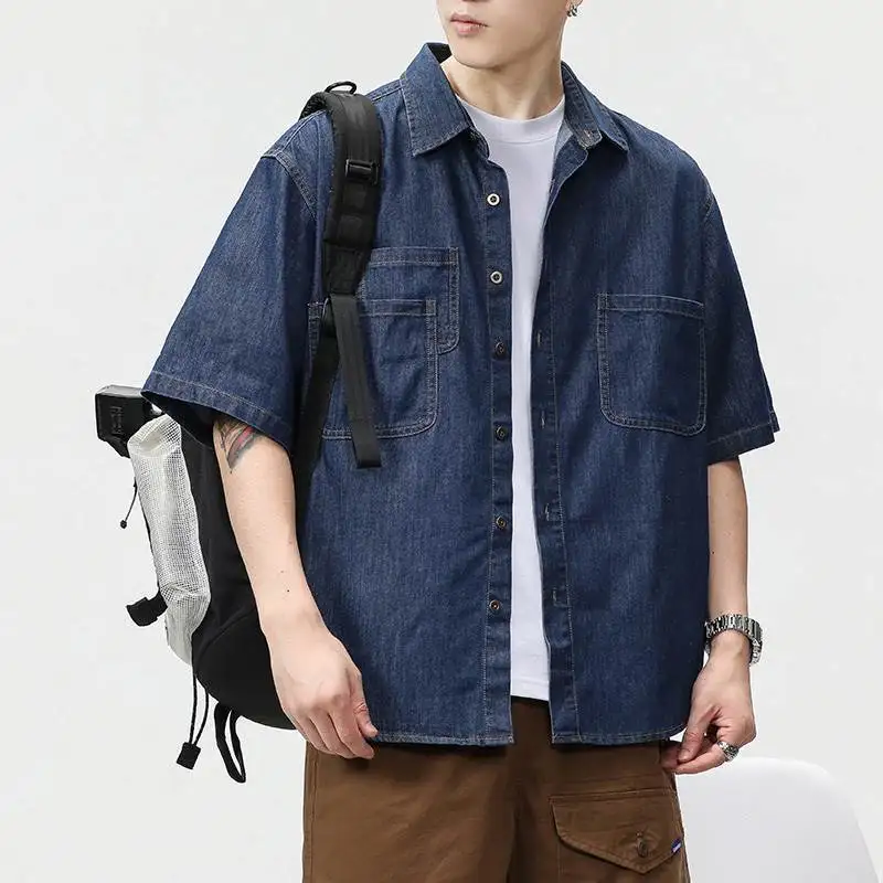 

Retro workwear short sleeved shirt, handsome men's spring and summer five quarter sleeved denim shirt, loose short sleeved shirt