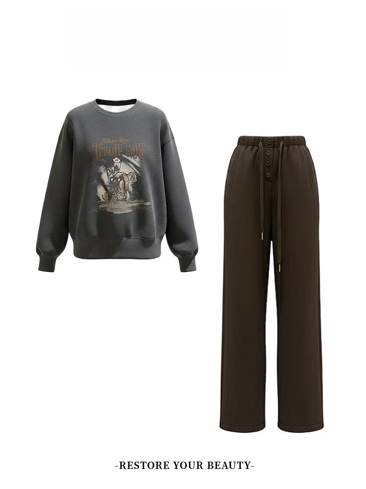 Women's Fce Lined Oversized round Ne Sweatirt And Wide Leg Pants Two Piece Set Comfortable Loose Fit Winter Outfit