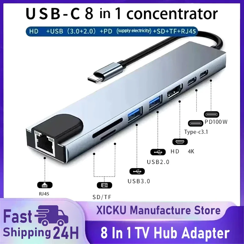8-in-1 USB Typ C Hub Adapter mit 4K HDMI SD TF Kartenleser RJ45 PD Schnellladung für MacBook Notebook Computer HDTV ​