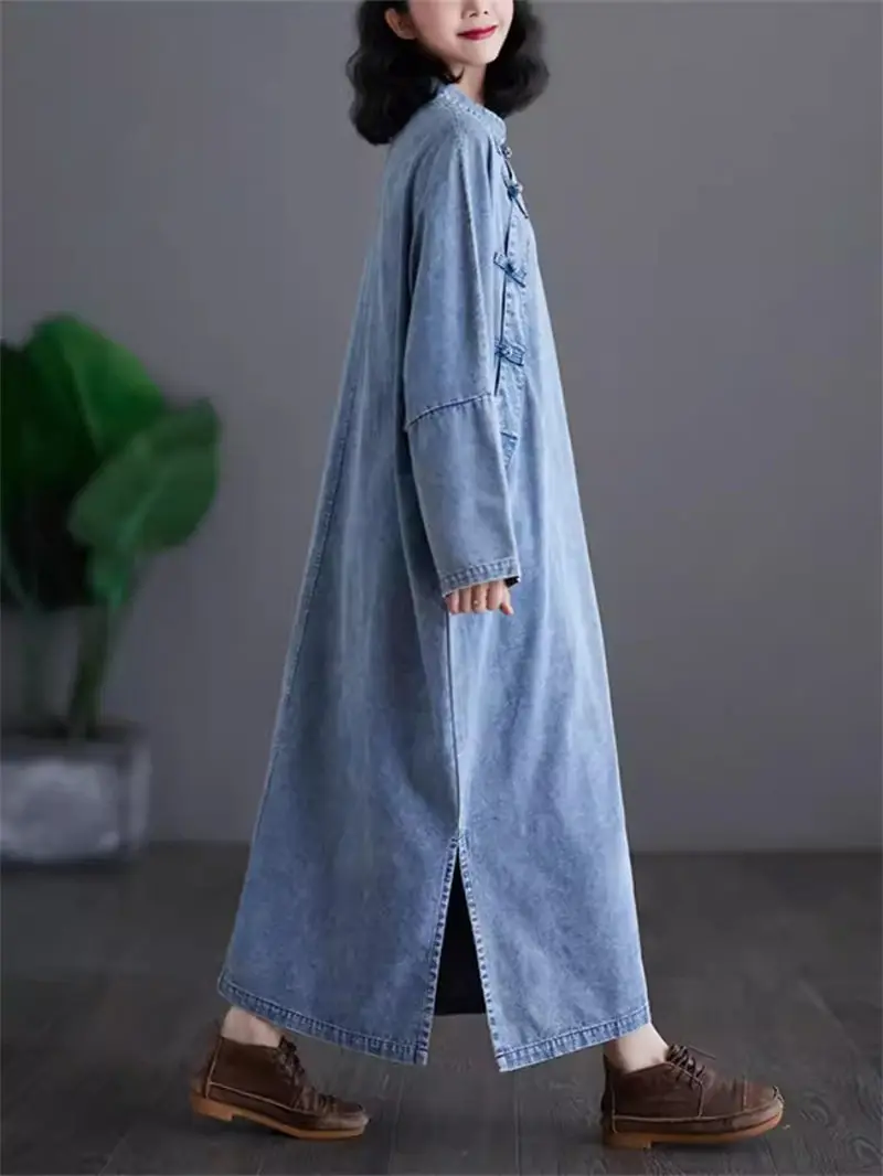 New Chinese Style Diagonal Breasted Button Up Denim Dress 2024 New Spring And Autumn Long Dress Loose Improved Qipao Dress K1419