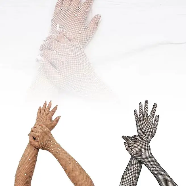 

Женские перчатки, необычные перчатки в сеточку для косплея, черные, белые, красные длинные сетчатые перчатки со стразами, полая рыболовная сеть